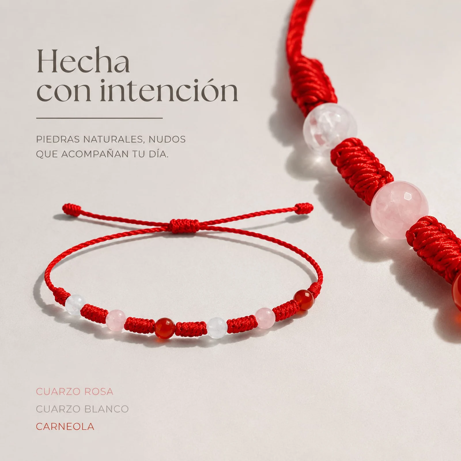 PULSERA 7 NUDOS CON  CARNEOLA+CUARZO BLANCO+CUARZO ROSA 4MM