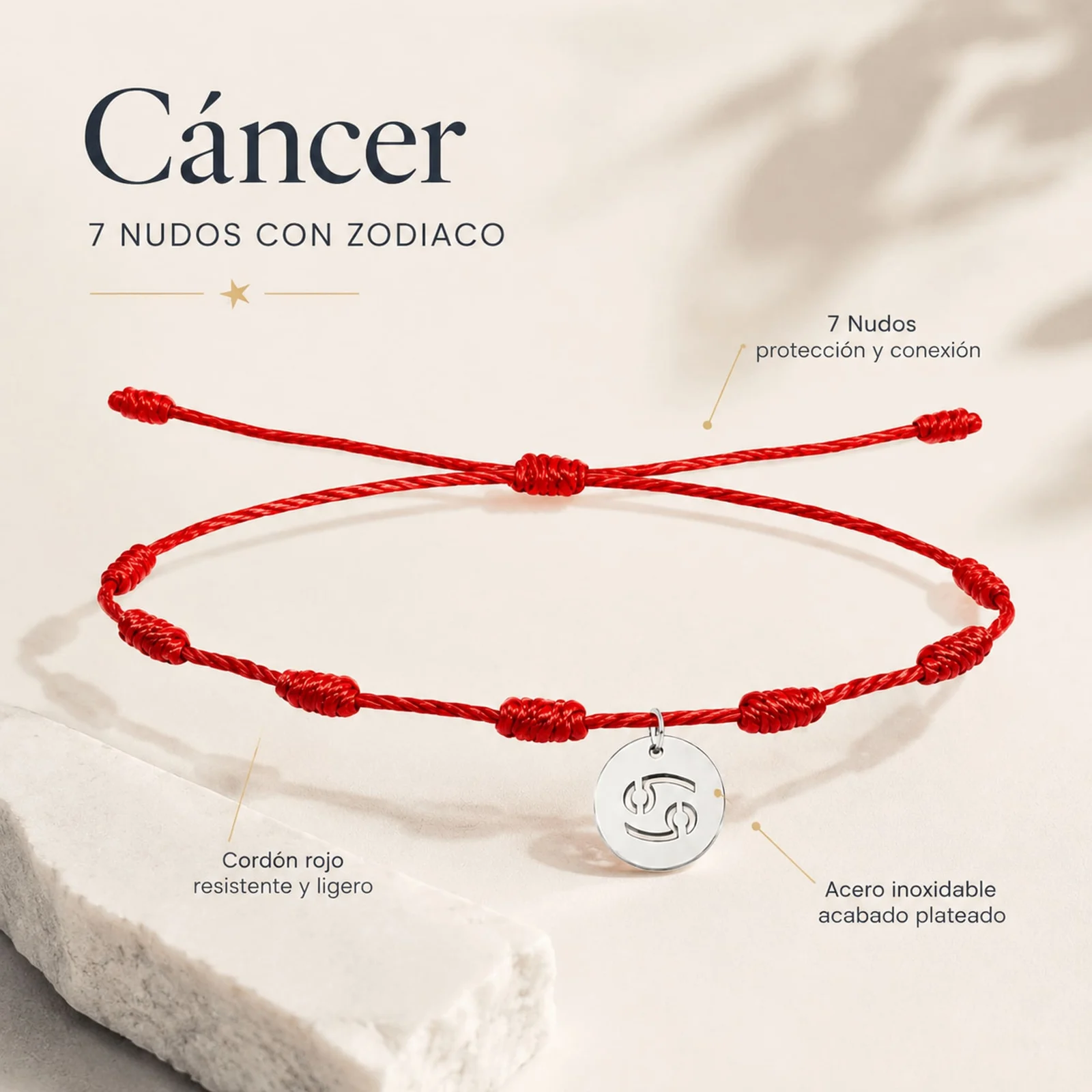 PULSERA 7 NUDOS CON CÁNCER ACERO. COLOR PLATEADO