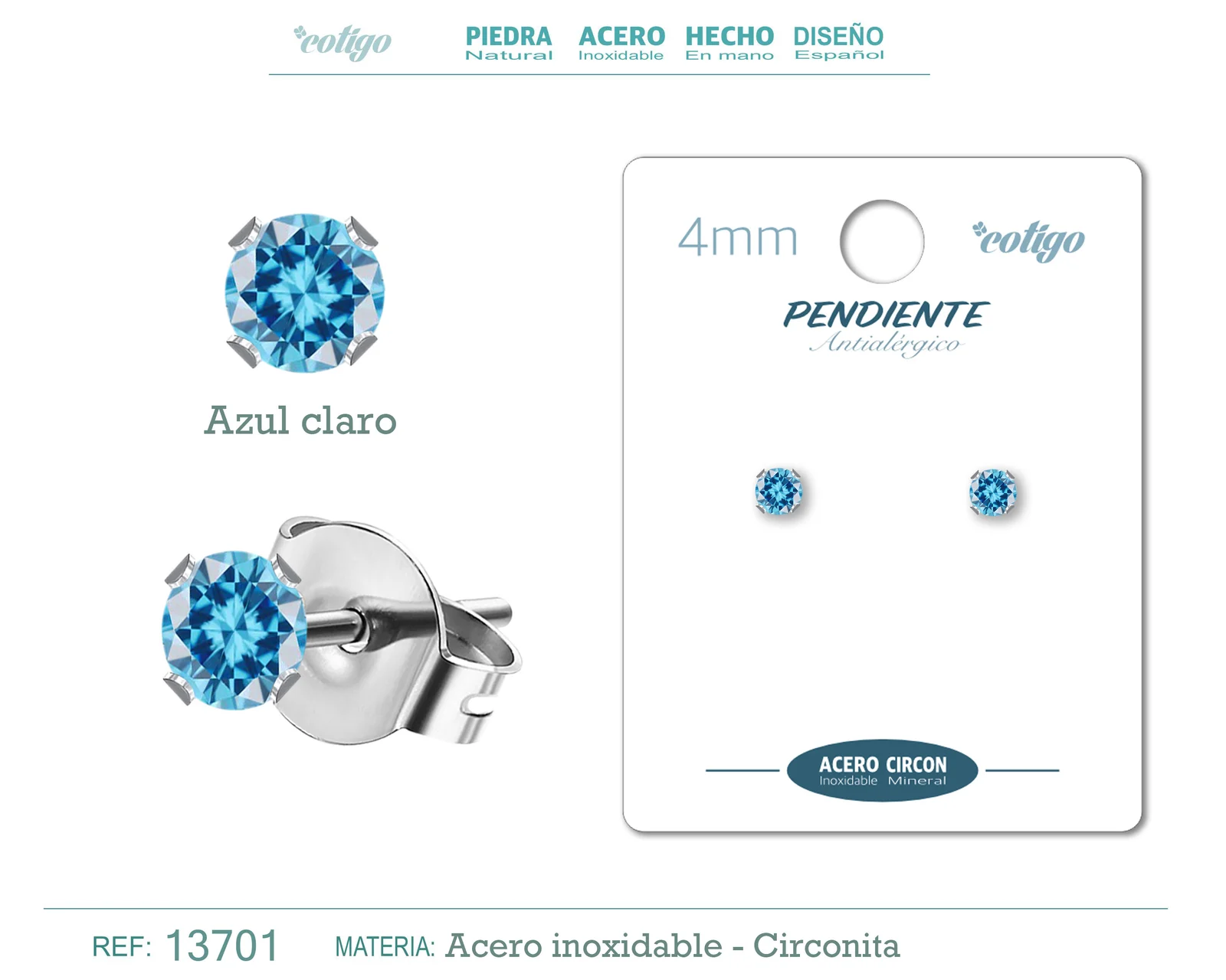 PENDIENTE CIRCONITA REDONDO-AZUL CLARO-4MM-BASE ACERO PLATEADO