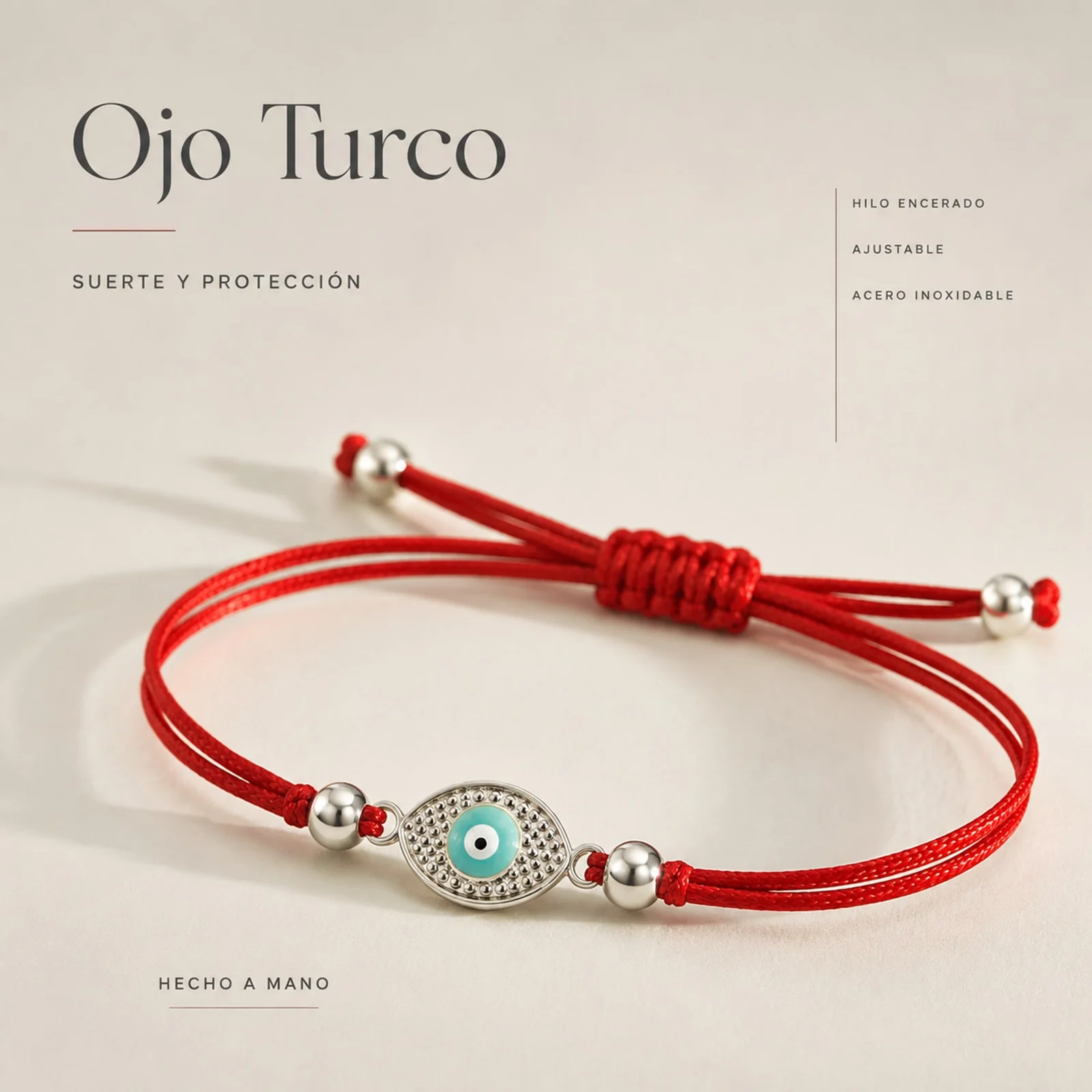 Pulsera Hilo encerado Rojo CON OJO TURCO Plateado