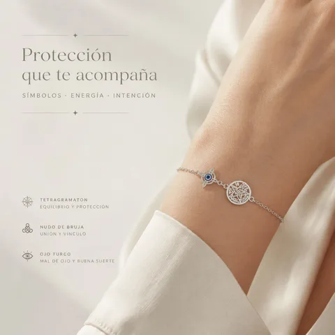 PULSERA TETRAGRÁMATON CON NUDO DE BRUJA Y OJO DE TURCO ACERO INOXIDABLE COLOR PLATEADO