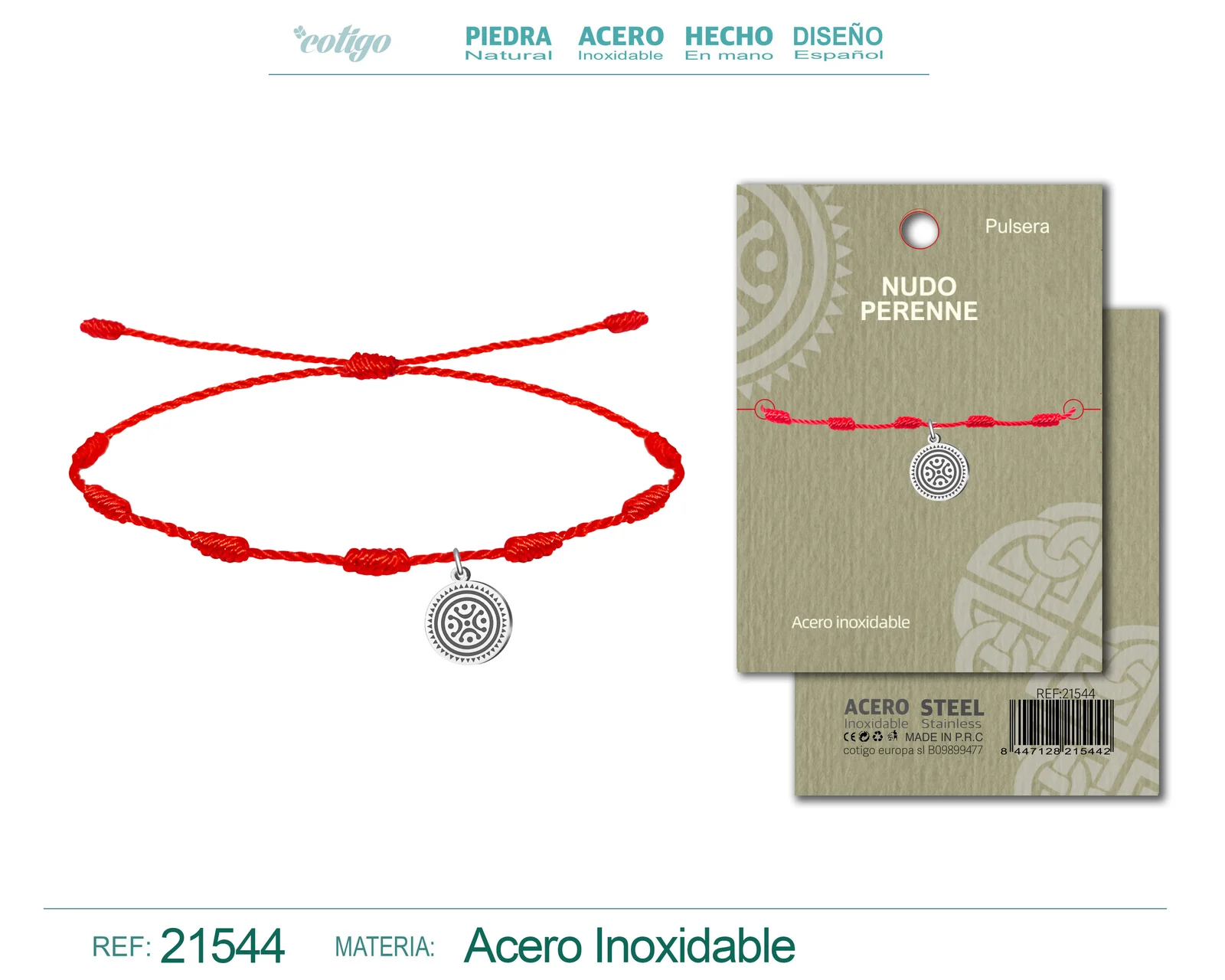 PULSERA 7 NUDOS CON COLGANTE NUDO PERENNE ACERO PLATEADO