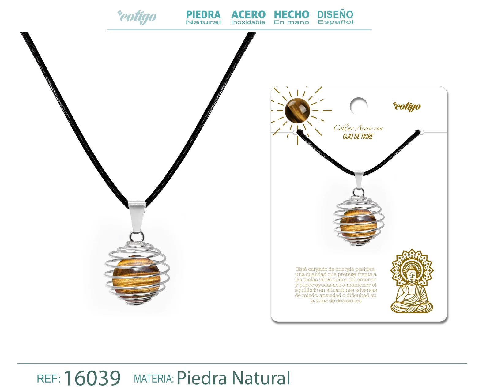 COLGANTE DE OJO DE TIGRE 14MM CON ACESORIO DE ACERO