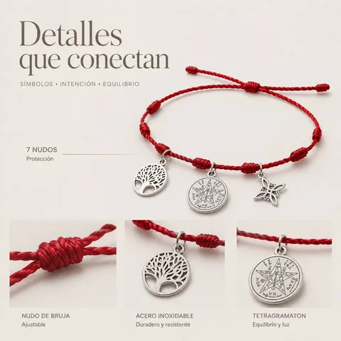 PULSERA 7 NUDOS CON TETRAGRÁMATON  NUDO DE BRUJA Y ÁRBOL DE LA VIDA ACERO PLATEADO