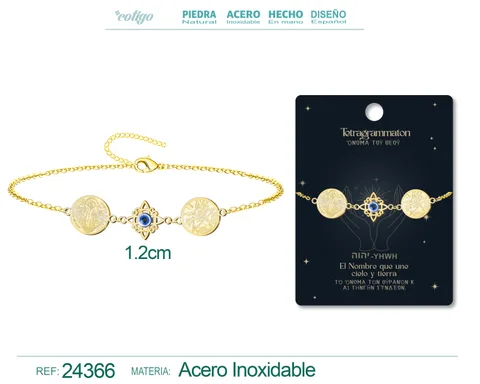 PULSERA DE TETRAGRAMATON + NUDO DE BRUJA CON OJO TURCO + SAN BENITO ACERO DORADO
