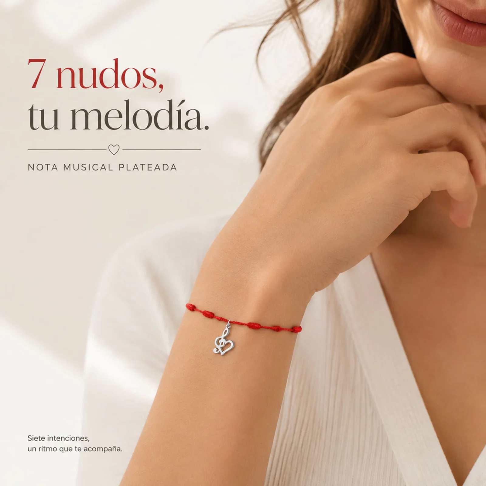 PULSERA 7 NUDOS CON NOTA MUSICAL COLOR PLATEADO