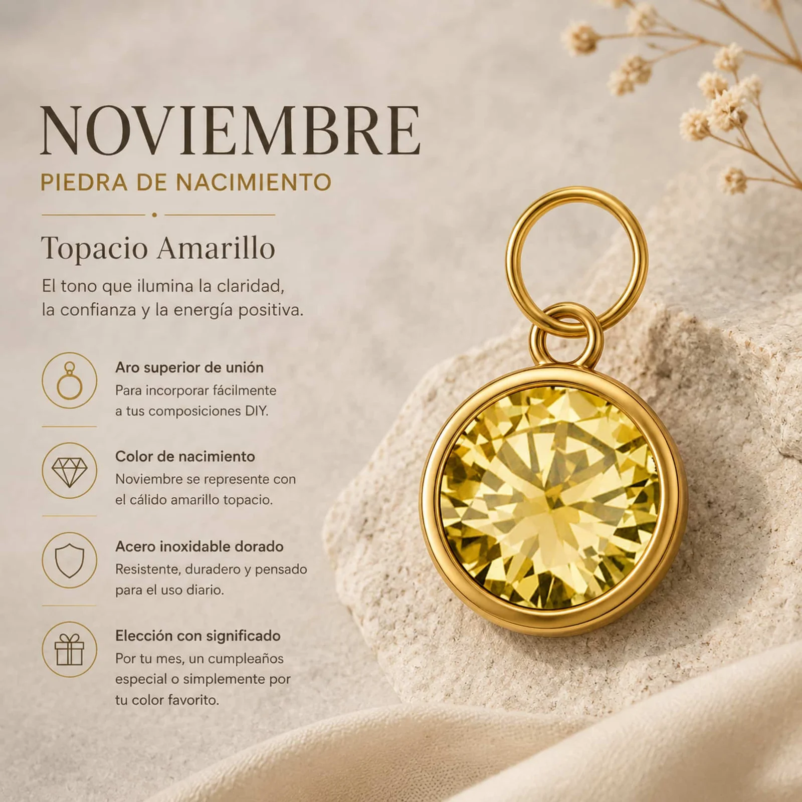 CHARM ACERO DORADO CON PIEDRA NACIMIENTO DE NOVIEMBRE