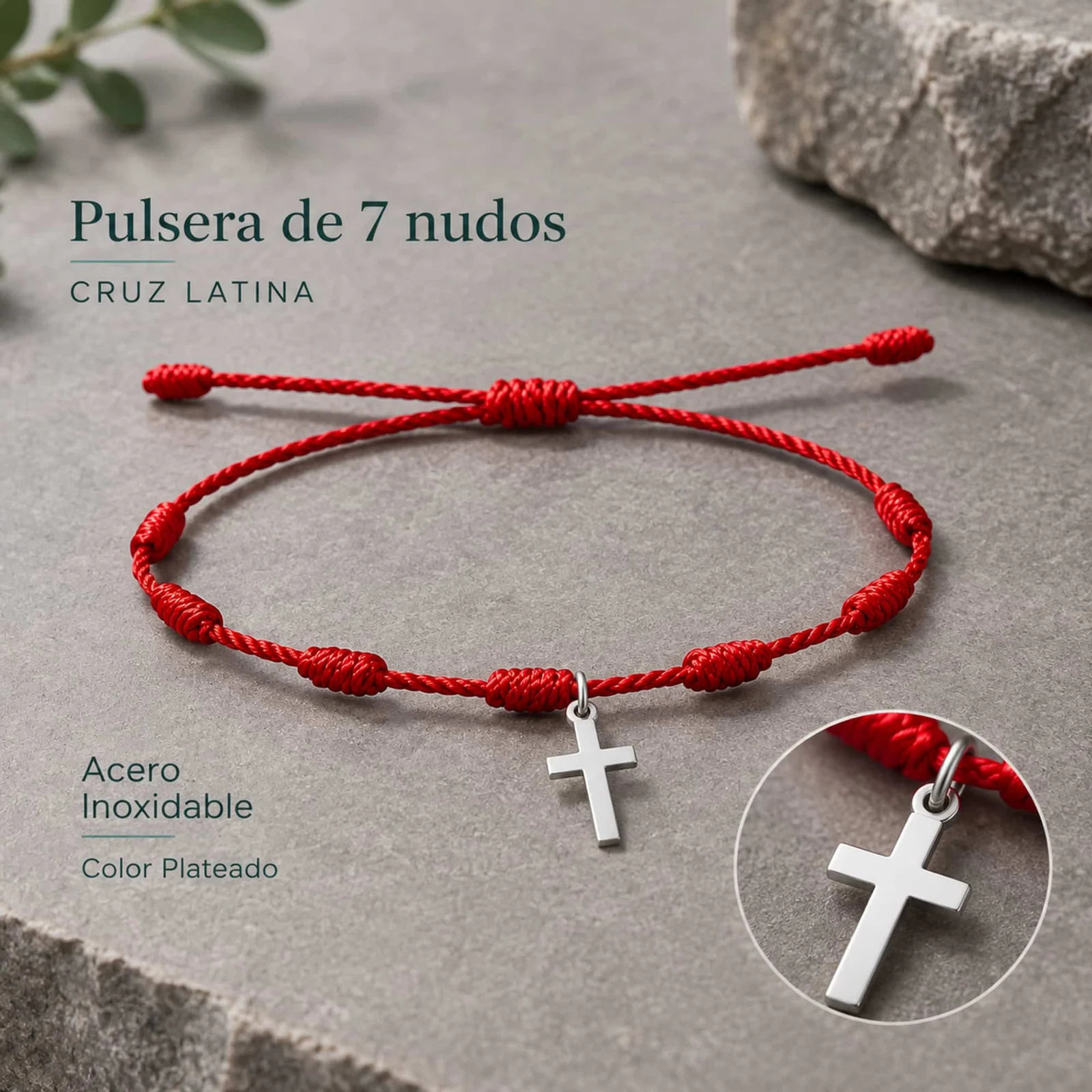 PULSERA 7 NUDOS CON CRUZ ACRO COLOR PLATEADO