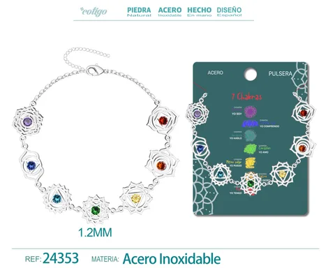 PULSERA DE 7 CHAKRAS ACERO PLATEADO CON PIEDRA CIRCONITA