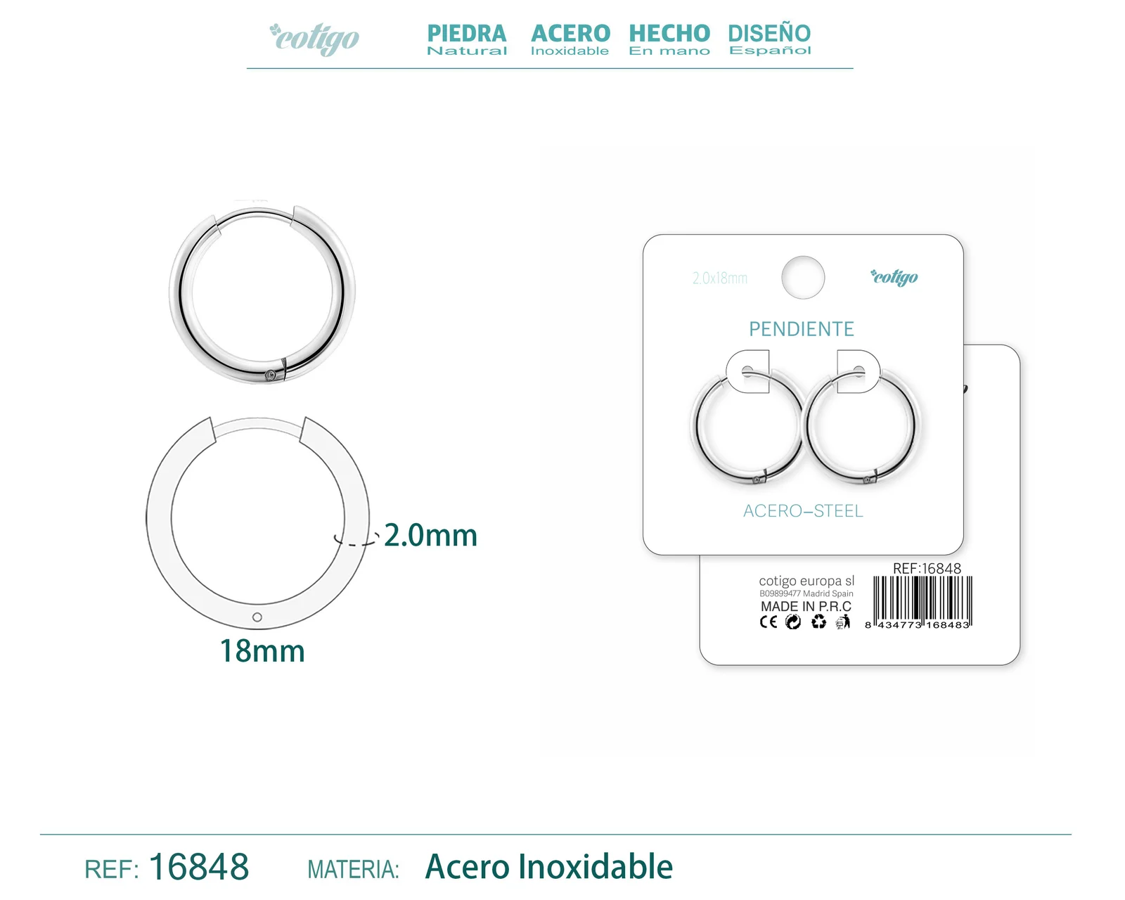 PENDIENTE ARO ACERO 2.0X18 MM PLATEADO