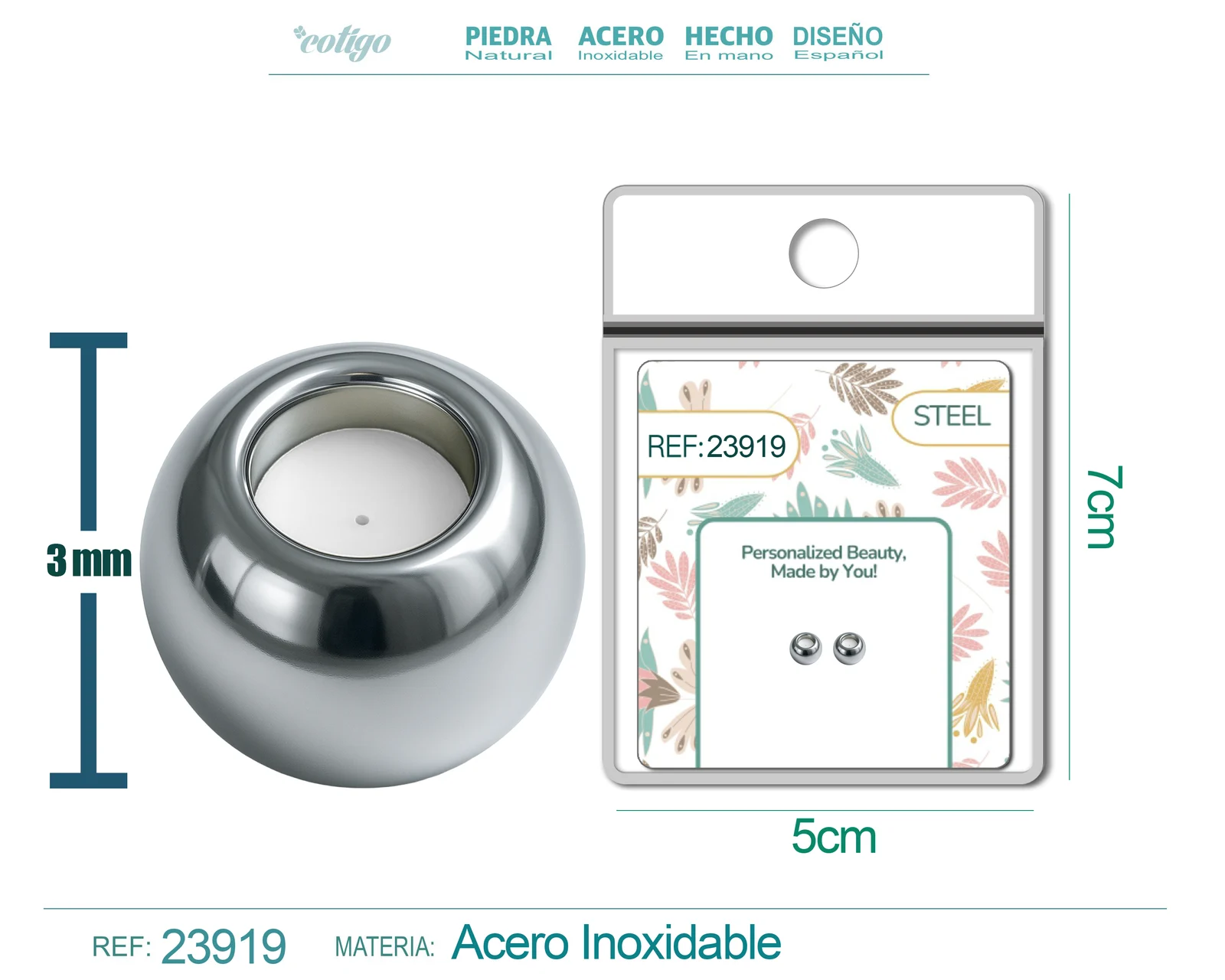 BOLA 4MM ACERO COLOR PLATEADO CON GOMA PARA FIJAR CHARM