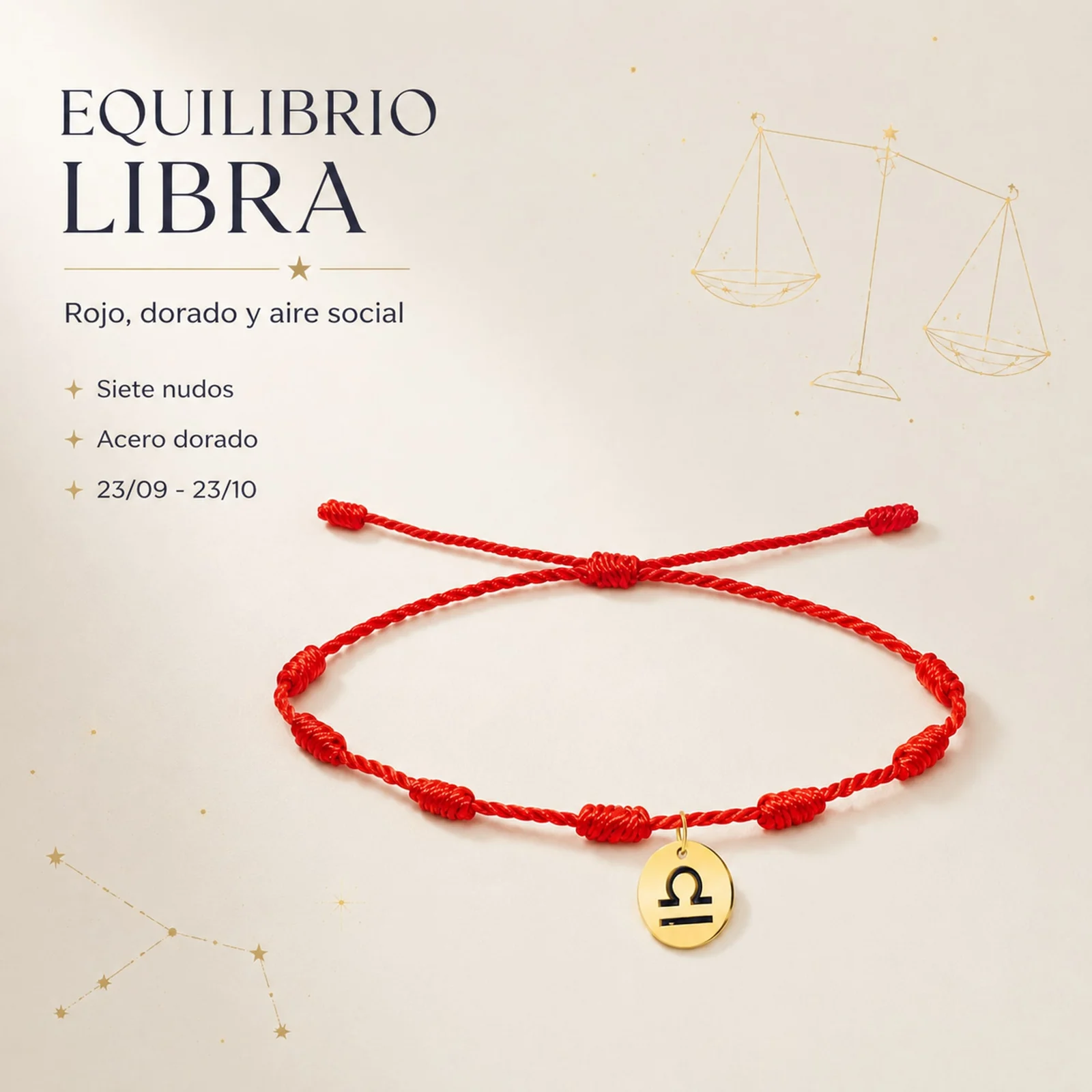 PULSERA 7 NUDOS CON LIBRA ACERO. COLOR DORADO