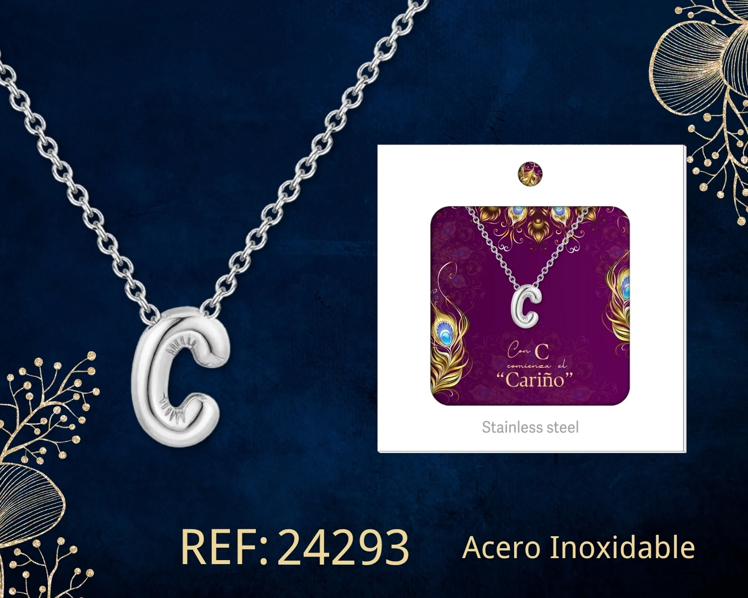 COLLAR INICIAL LETRA C ACERO CON SOBRE