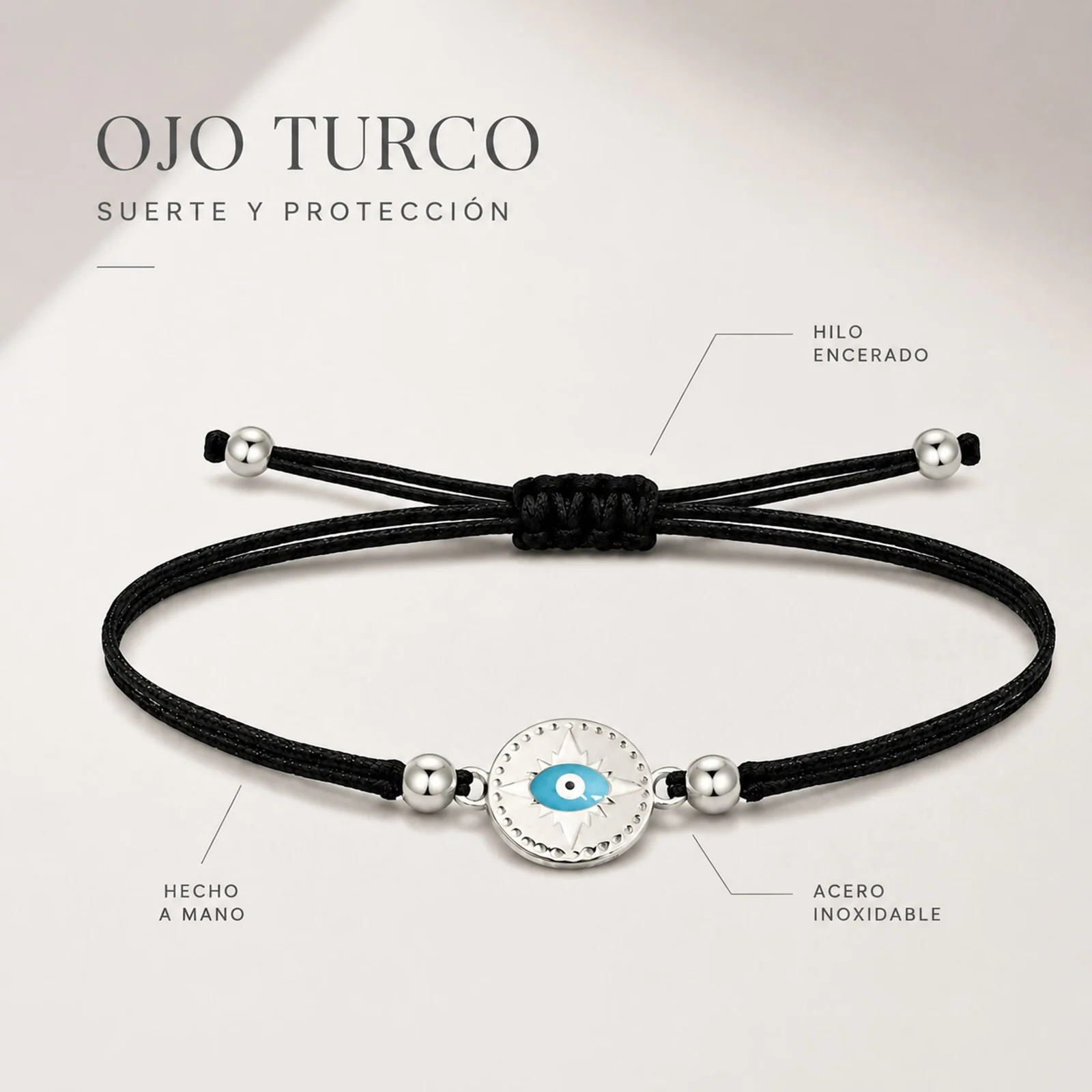 Pulsera Hilo encerado Negro CON OJO TURCO Plateado