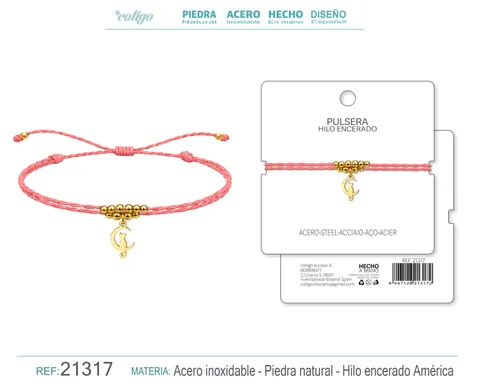 PULSERA HILO ENCERADO CON COLGANTE GATO ACERO DORADO