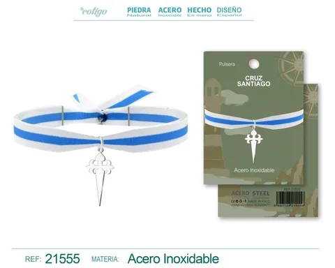 PULSERA BANDERA GALICIA CON COLGANTE CRUZ SANTIAGO ACERO PLATEADO