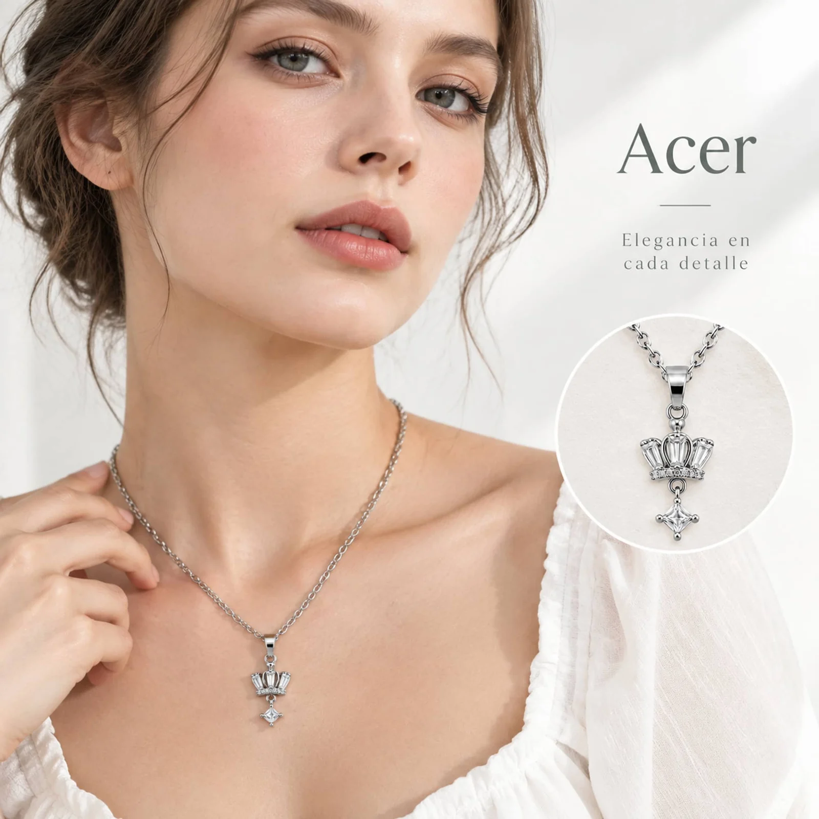 Colgangte Cobre con Circonita Colar Plateado y Cadena Acero