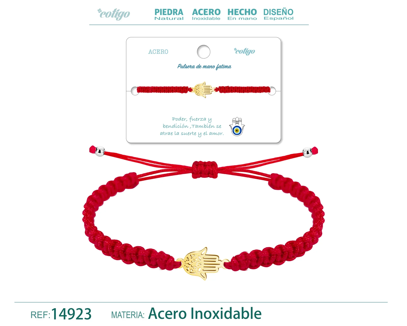 PULSERA HILO TRENZADOROJO-MANO FATIMA DORADO