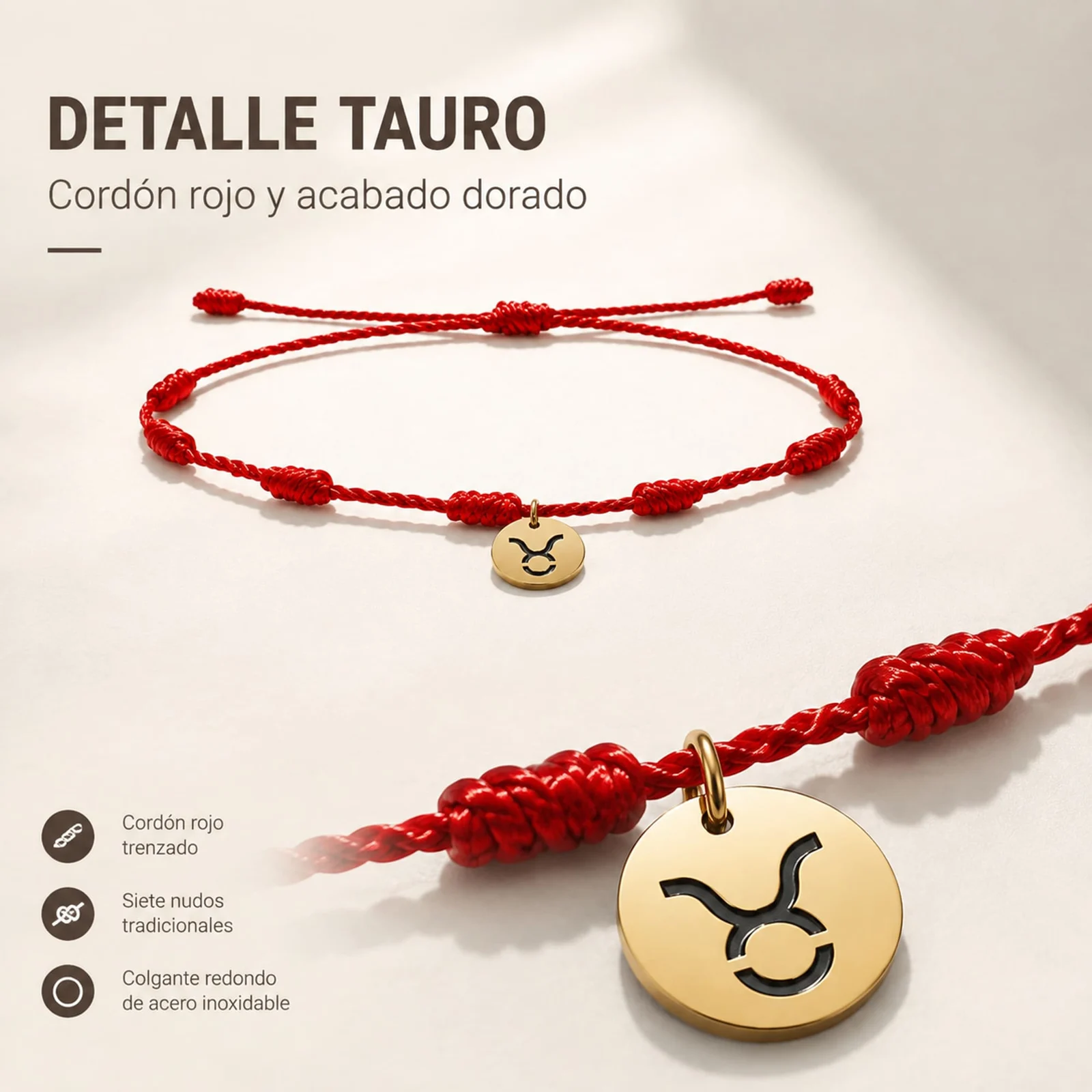 PULSERA 7 NUDOS CON TAURO ACERO. COLOR DORADO