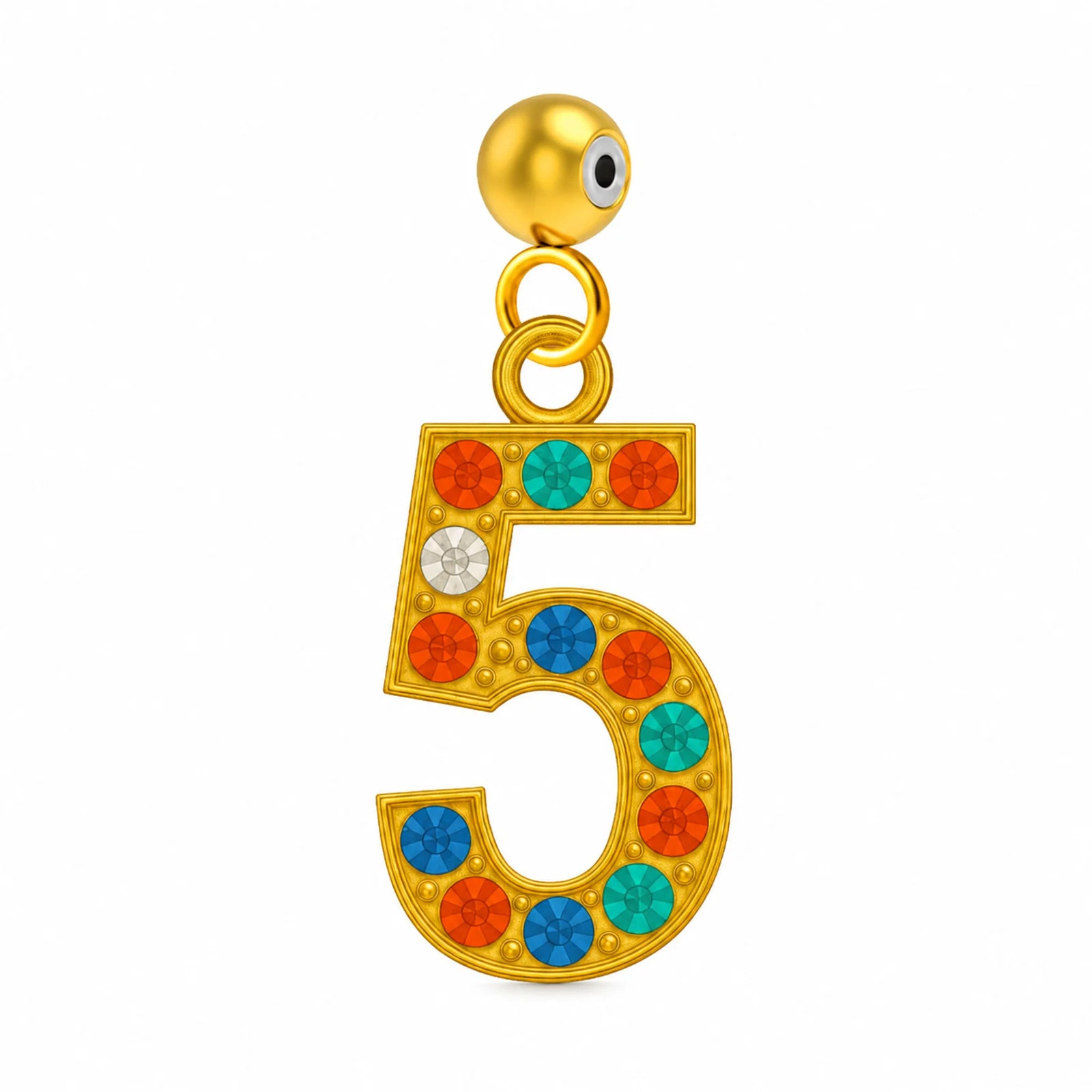 CHARM DE NÚMERO 5 ACERO COLOR DORADO CON CIRCONITA-CON BOLA DE GOMA