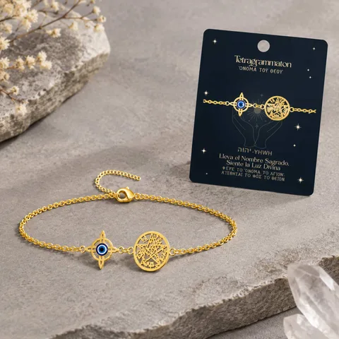 PULSERA TETRAGRÁMATON CON NUDO DE BRUJA Y OJO DE TURCO ACERO INOXIDABLE COLOR DORADO