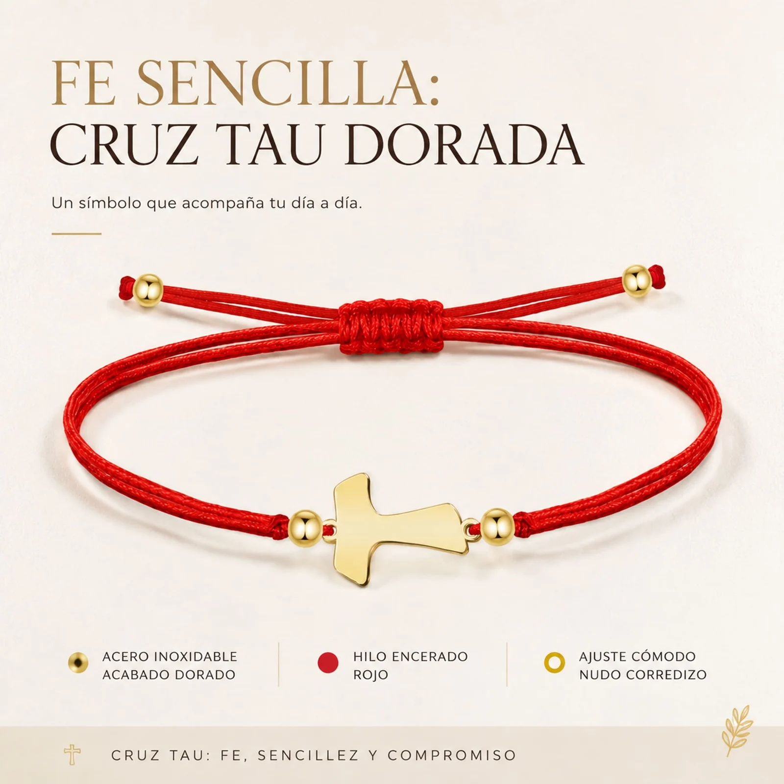 PULSERA CRUZ TAU DORADO DE HILO EN.ROJO