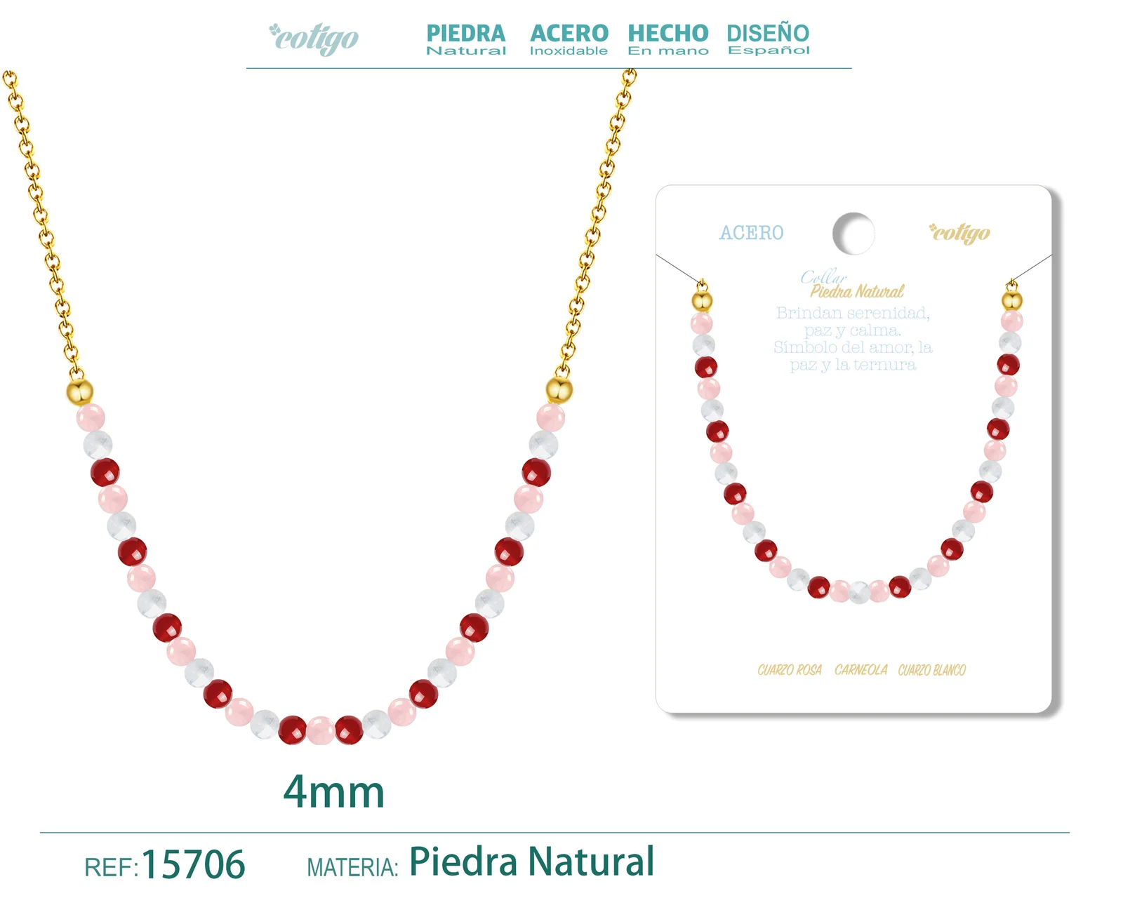 COLLAR CARNEOLA，CUARZO BLANCO，CUARZO ROSA 4MM