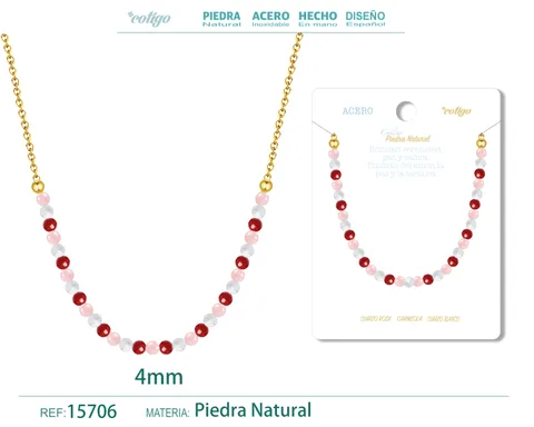 COLLAR CARNEOLA，CUARZO BLANCO，CUARZO ROSA 4MM
