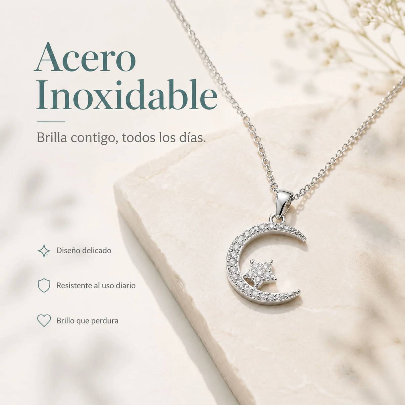 Colgangte Cobre con Circonita Colar Plateado y Cadena Acero