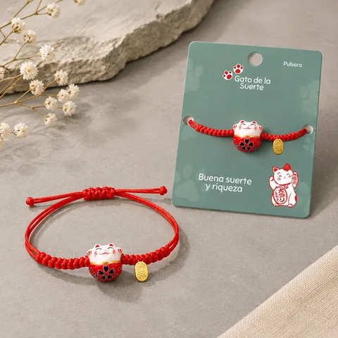 PULSERA HILO ENCERADO CON GATO DE SUERTE