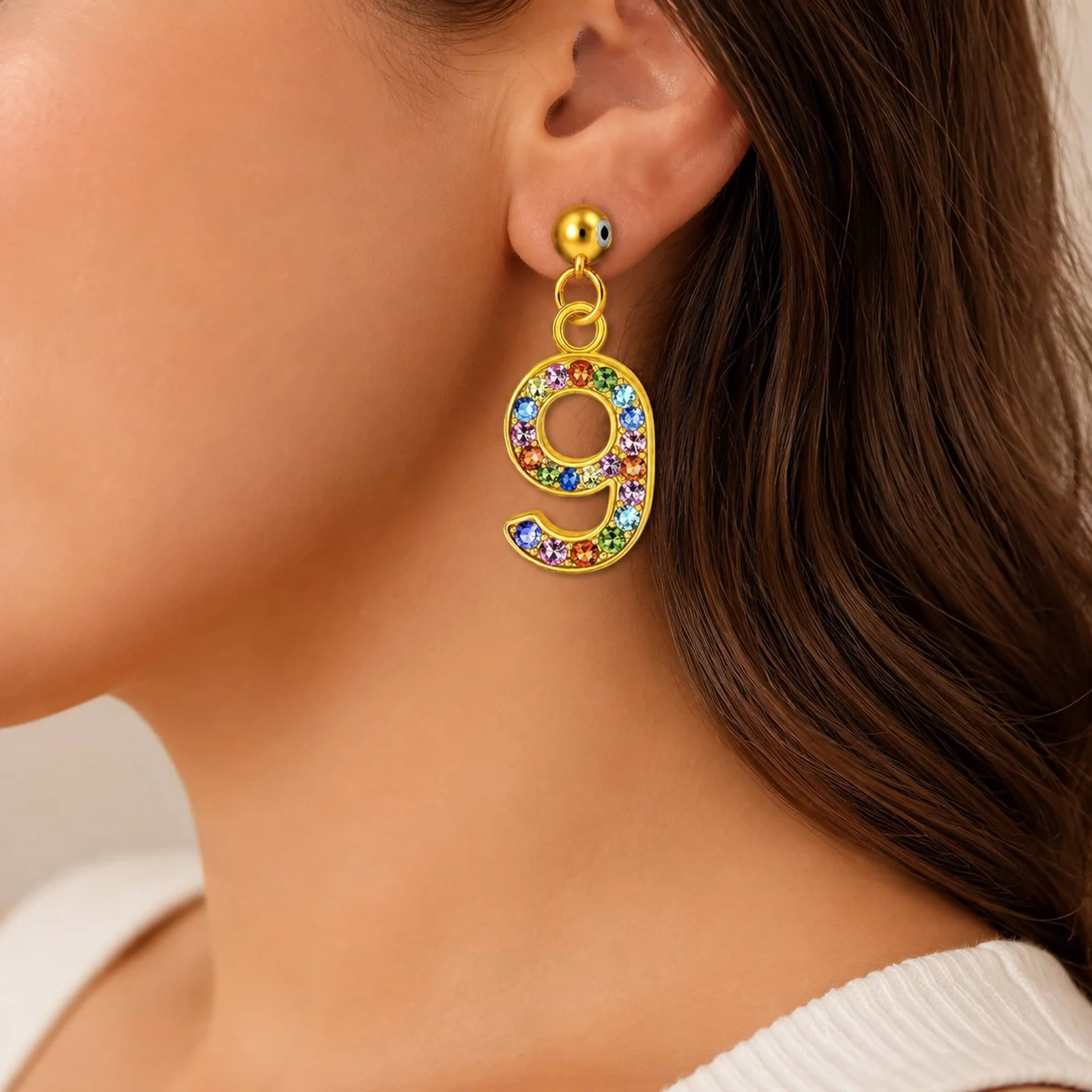 CHARM DE NÚMERO 9 ACERO COLOR DORADO CON CIRCONITA-CON BOLA DE GOMA