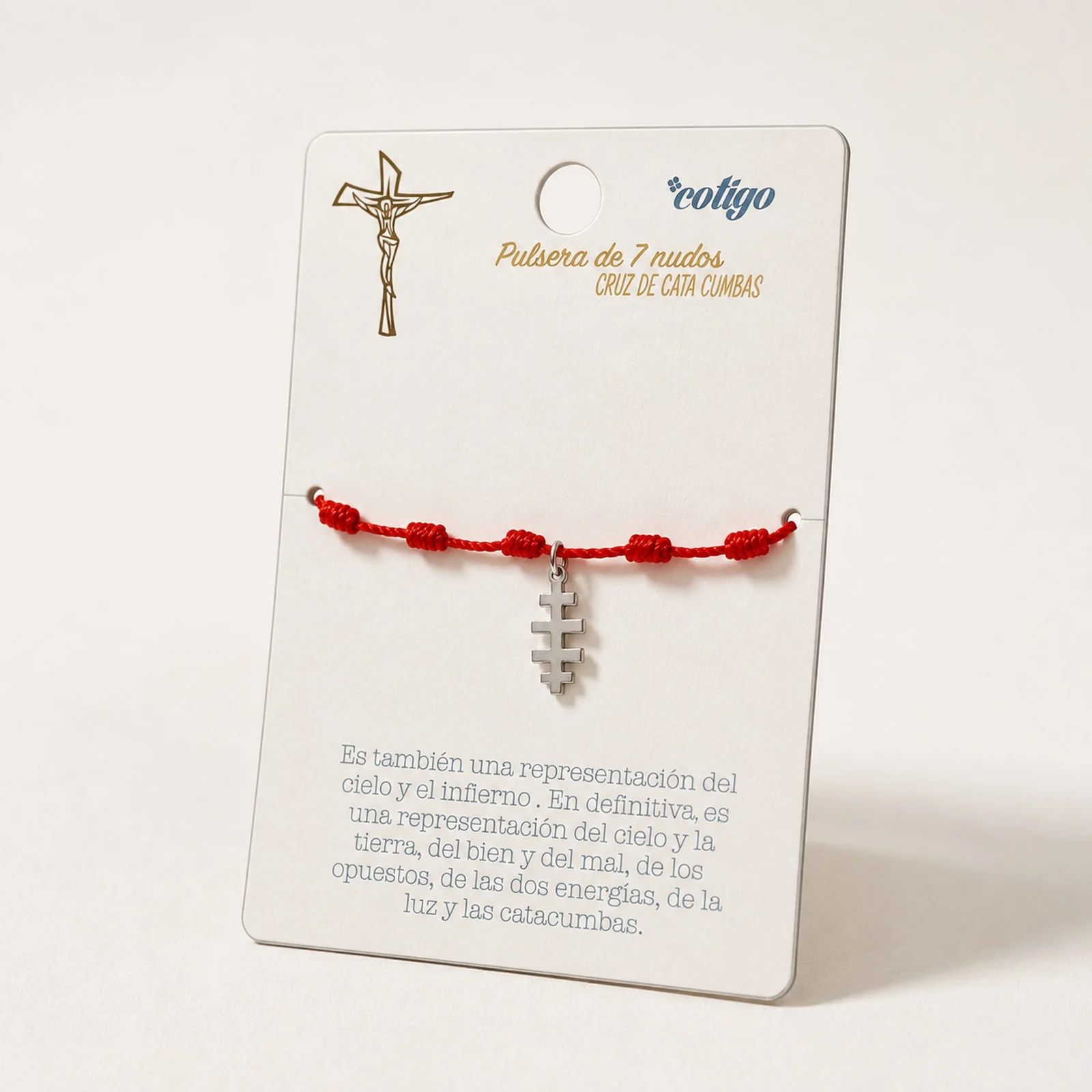 PULSERA 7 NUDOS CON CRUZ DE CATA CUMBAS COLOR PLATEADO