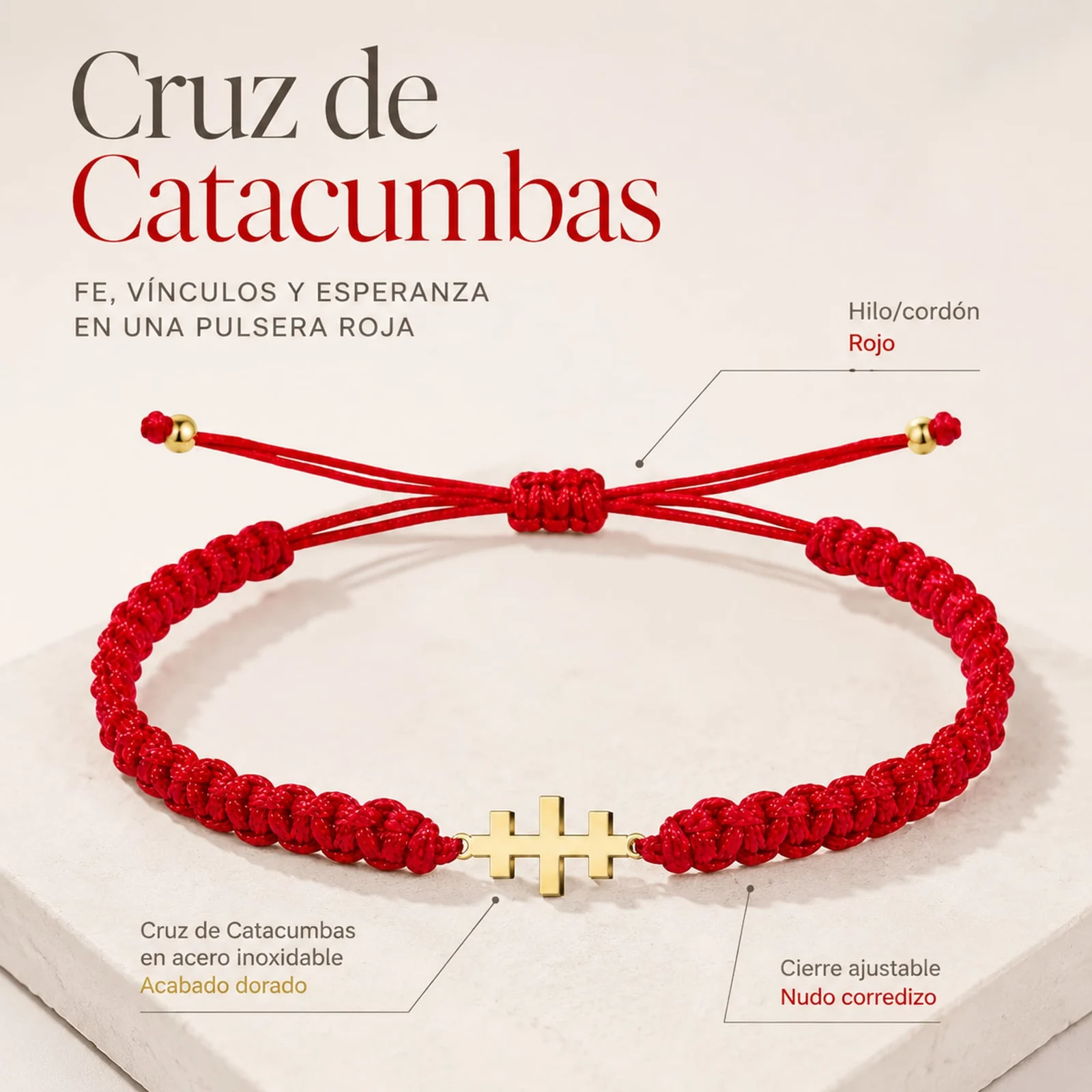 PULSERA HILO DESTINO  CON CRUZ CATACUMBAS ACERO DORADO