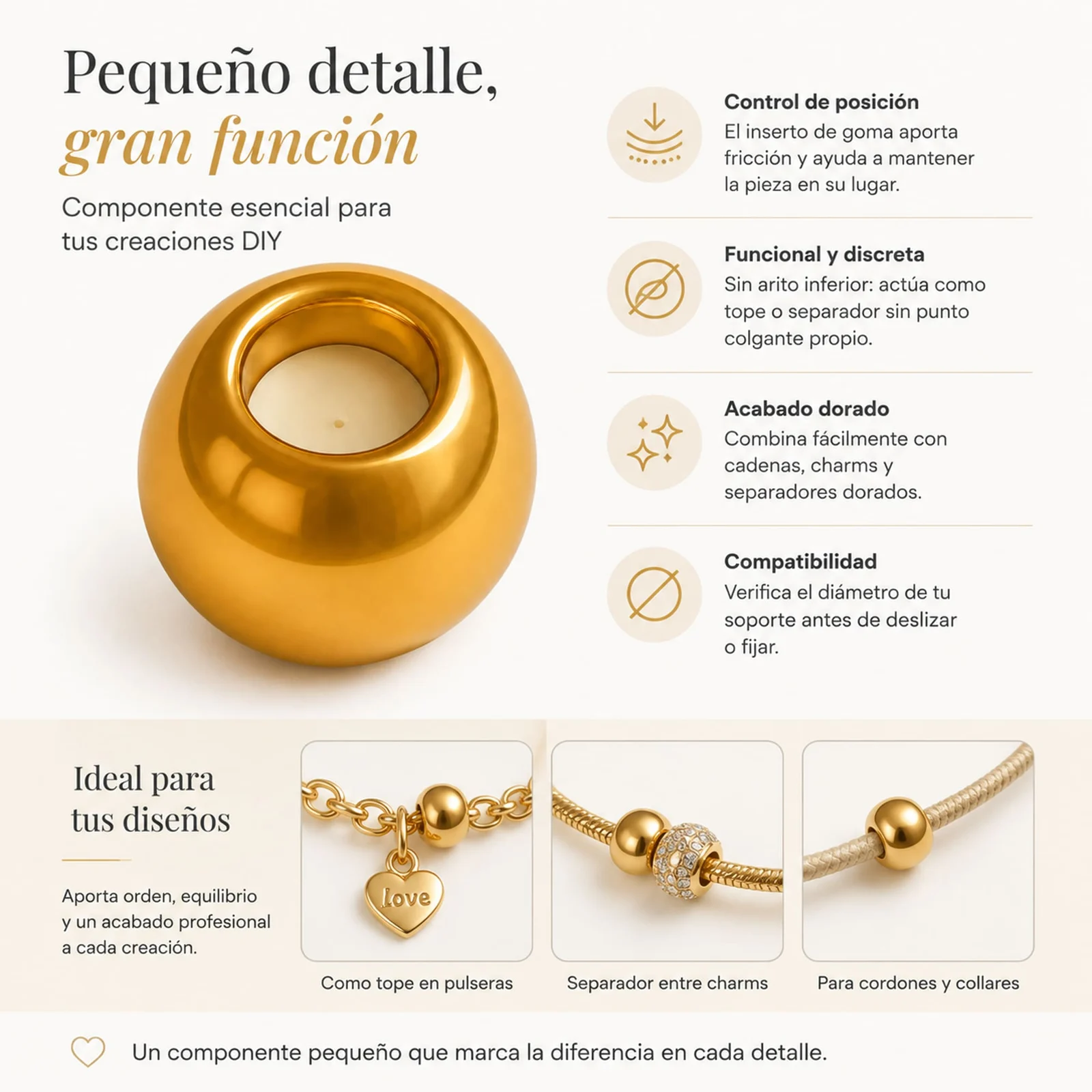 BOLA 4MM ACERO COLOR DORADO CON GOMA PARA FIJAR CHARM
