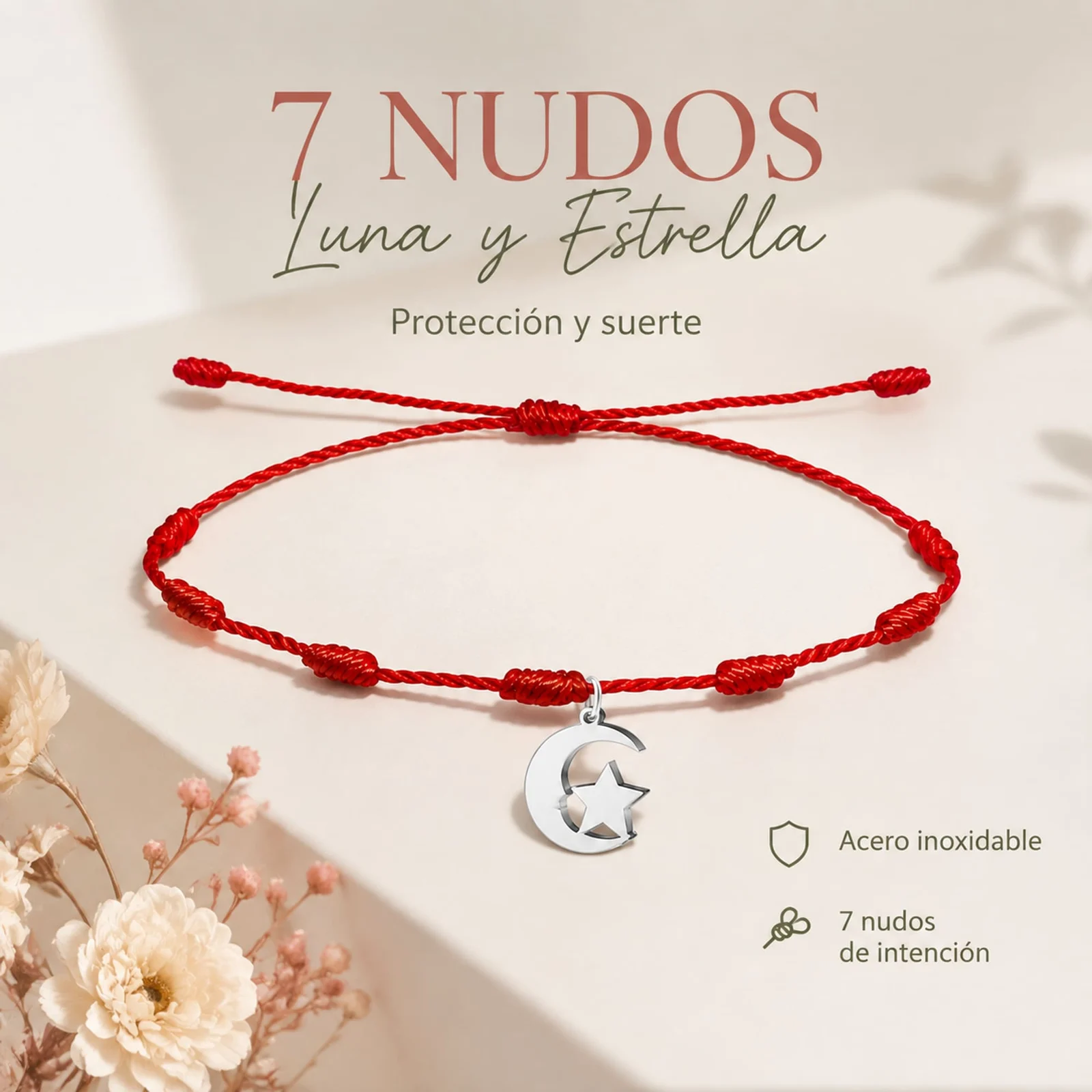 PULSERA 7 NUDOS CON LUNA Y ESTRELLA COLOR PLATEADO