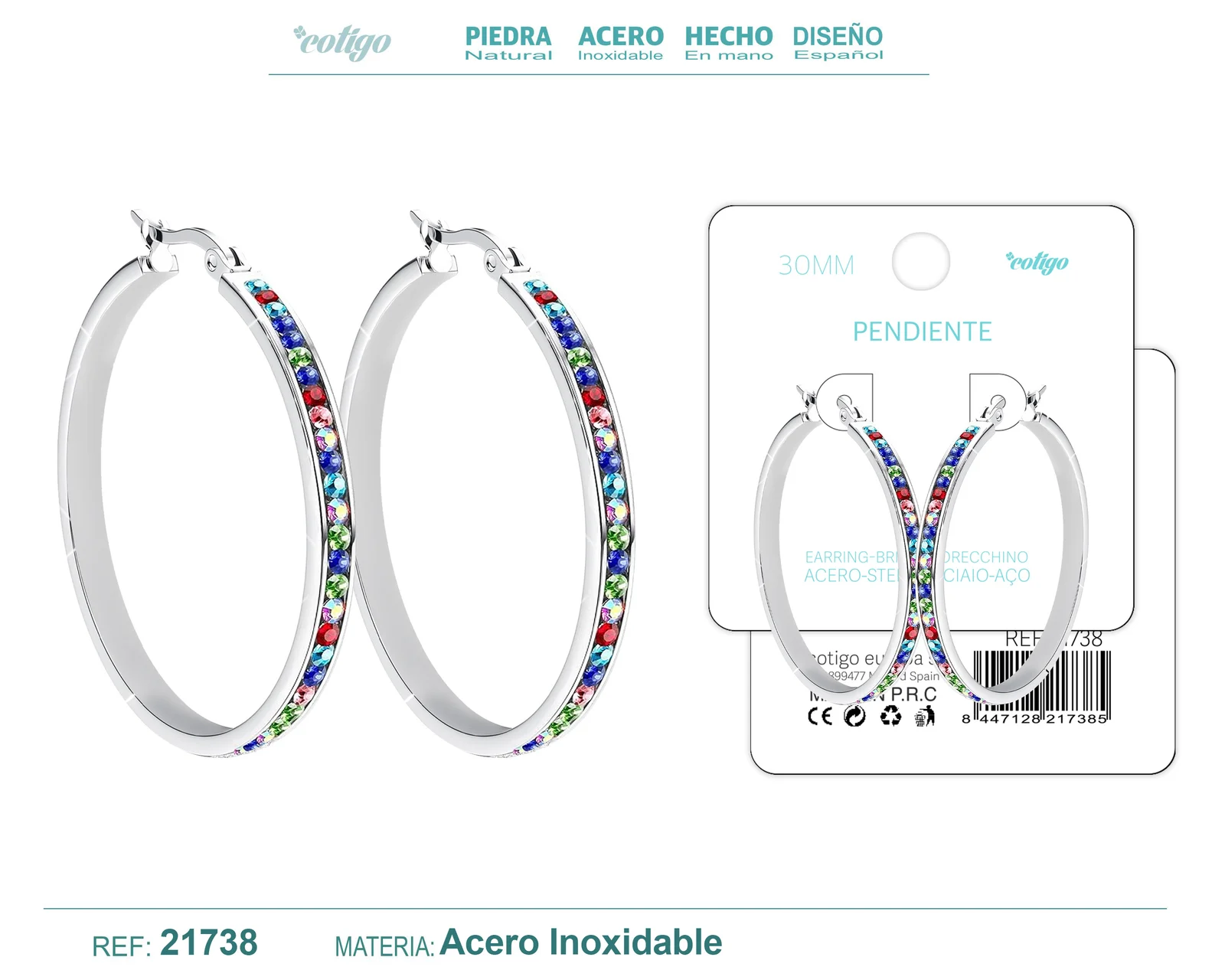 ARO ACERO 30MM PLATEADO CON CIRCONITA COLORES