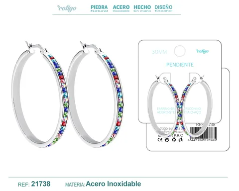 ARO ACERO 30MM PLATEADO CON CIRCONITA COLORES