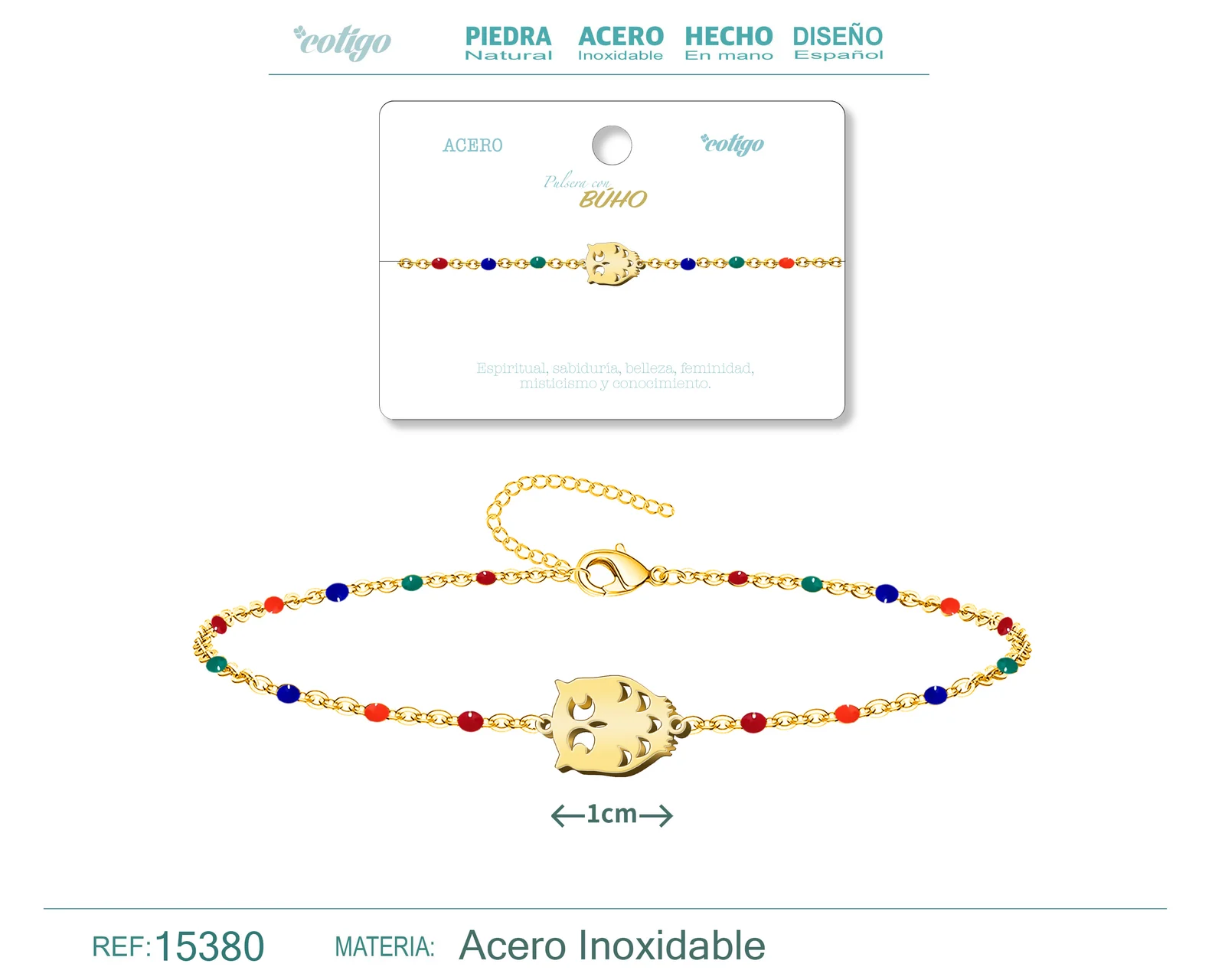PULSERA ACERO MULTICOLOR CON BUHO