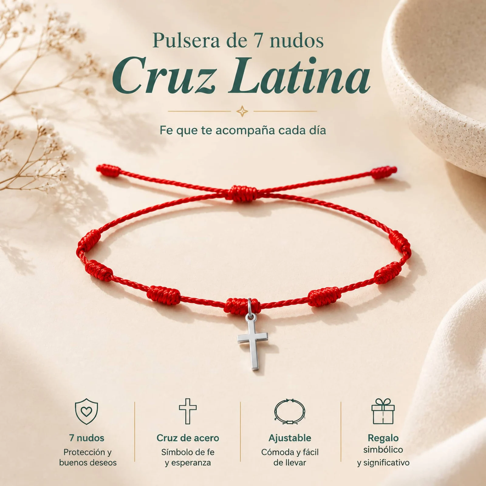 PULSERA 7 NUDOS CON CRUZ ACRO COLOR PLATEADO