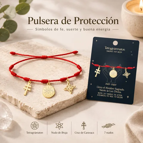 PULSERA 7 NUDOS CON TETRAGRÁMATON  NUDO DE BRUJA Y CRUZ CARAVACA ACERO DORADO