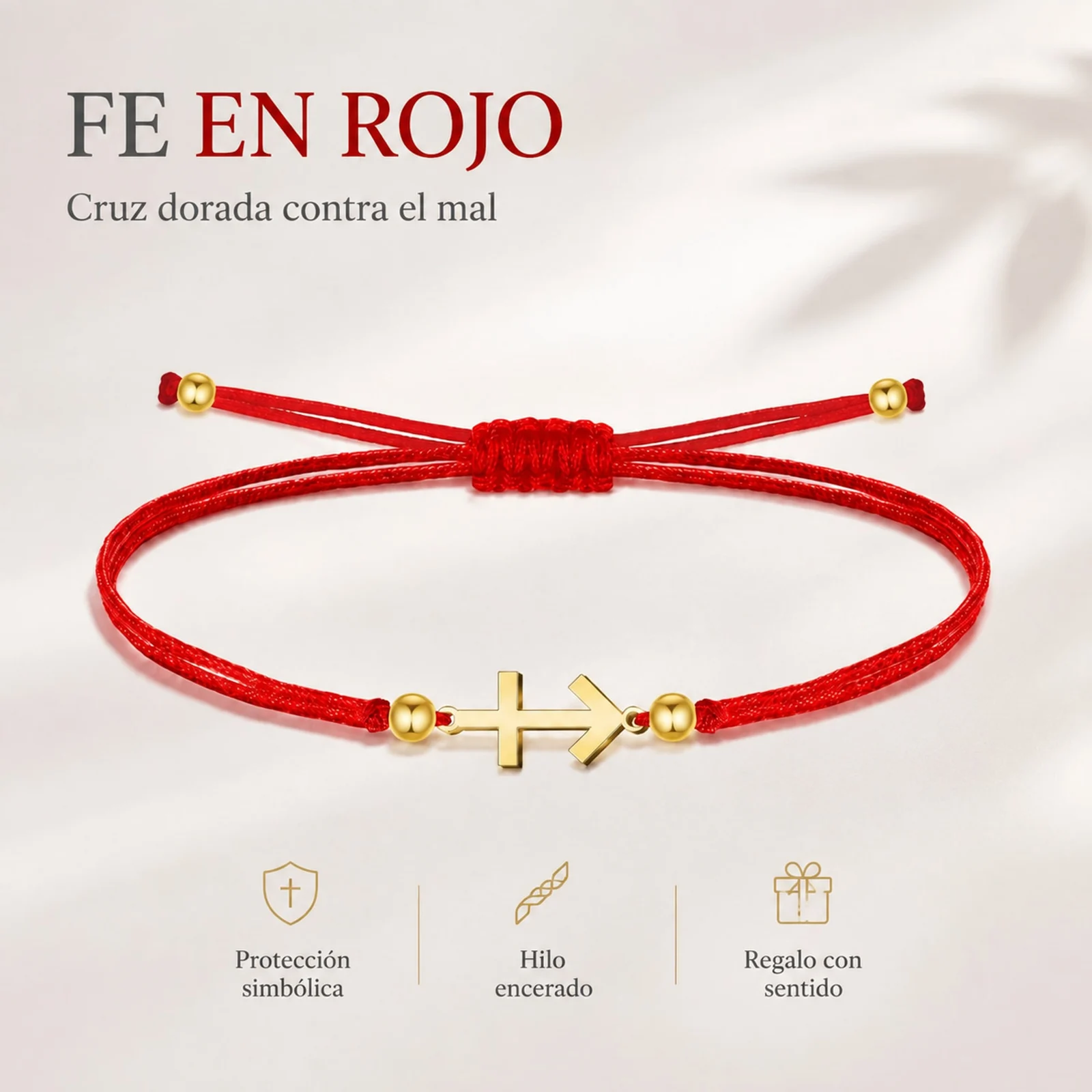 PULSERA CRUZ CONTRA EL MAL DORADO DE HILO EN.ROJO