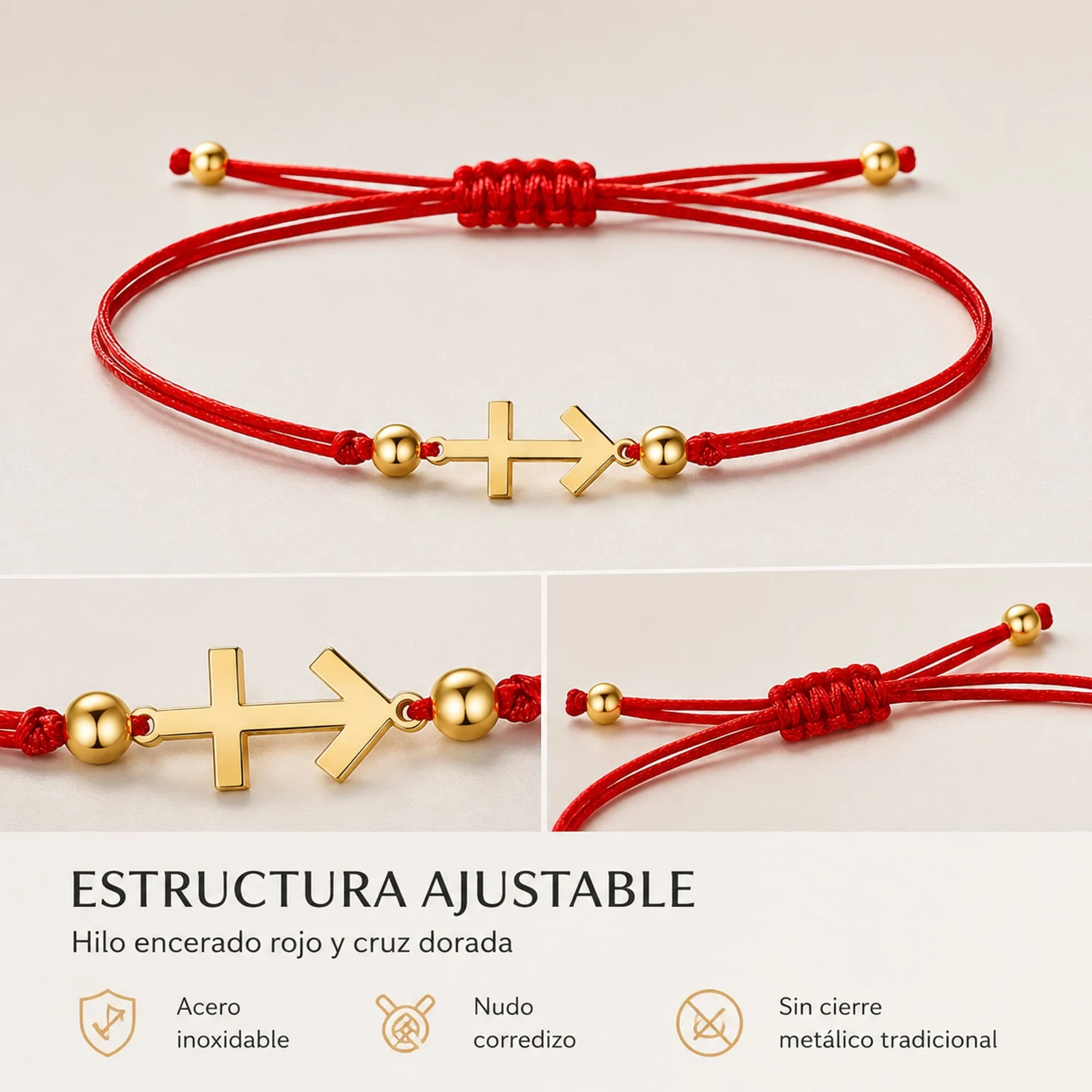 PULSERA CRUZ CONTRA EL MAL DORADO DE HILO EN.ROJO