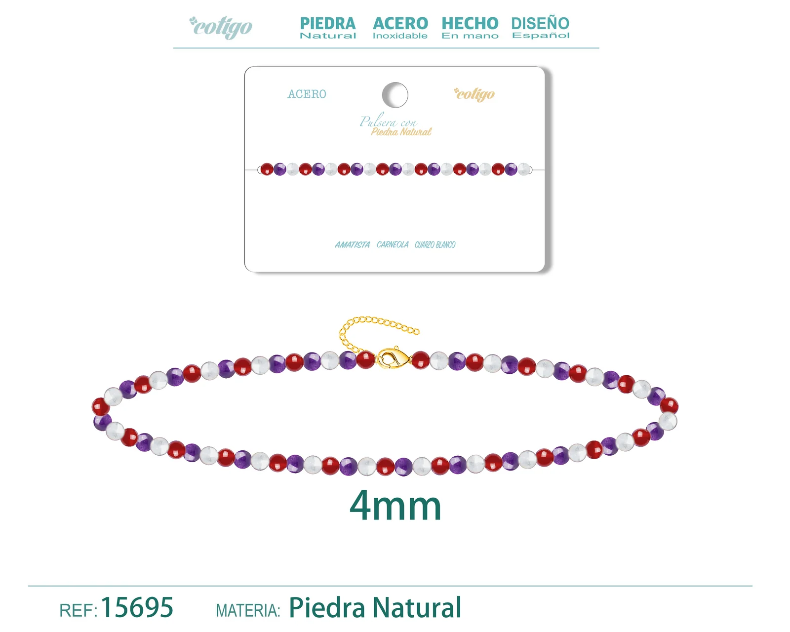 PULSERA CARNEOLA+AMATISTA+CUARZO BLANCO 4MM