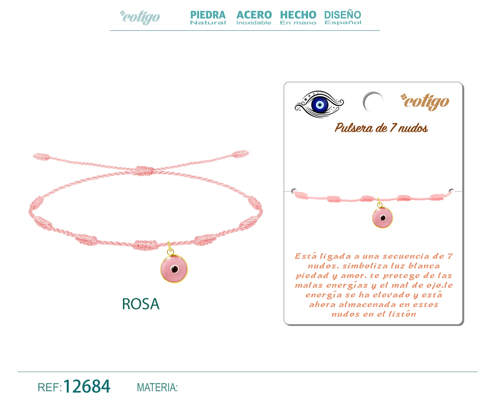 PULSERA 7 NUDOS ROSA CON COLGANTE DE OJO TURCO