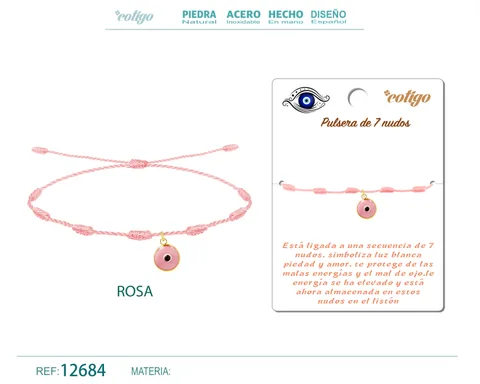 PULSERA 7 NUDOS ROSA CON COLGANTE DE OJO TURCO