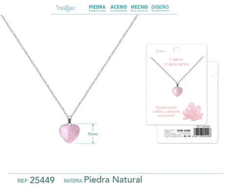 Colgante Piedra Cuarzo rosa con cadena Acero Inoxidable