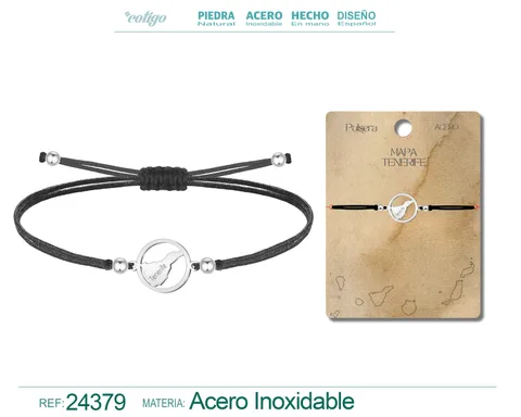PULSERA HILO ENCERADO CON MAPA DE TENERIFE ACERO COLOR PLATEADO