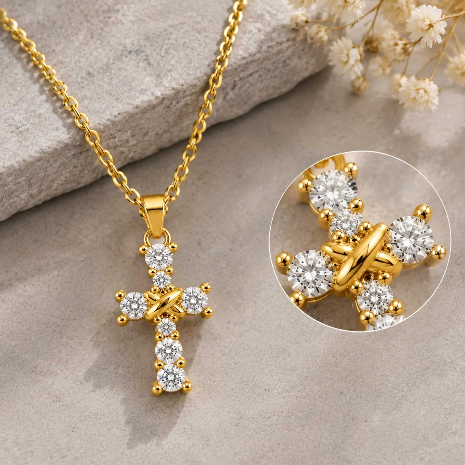 Colgangte Cobre con Circonita Colar Dorado y Cadena Acero