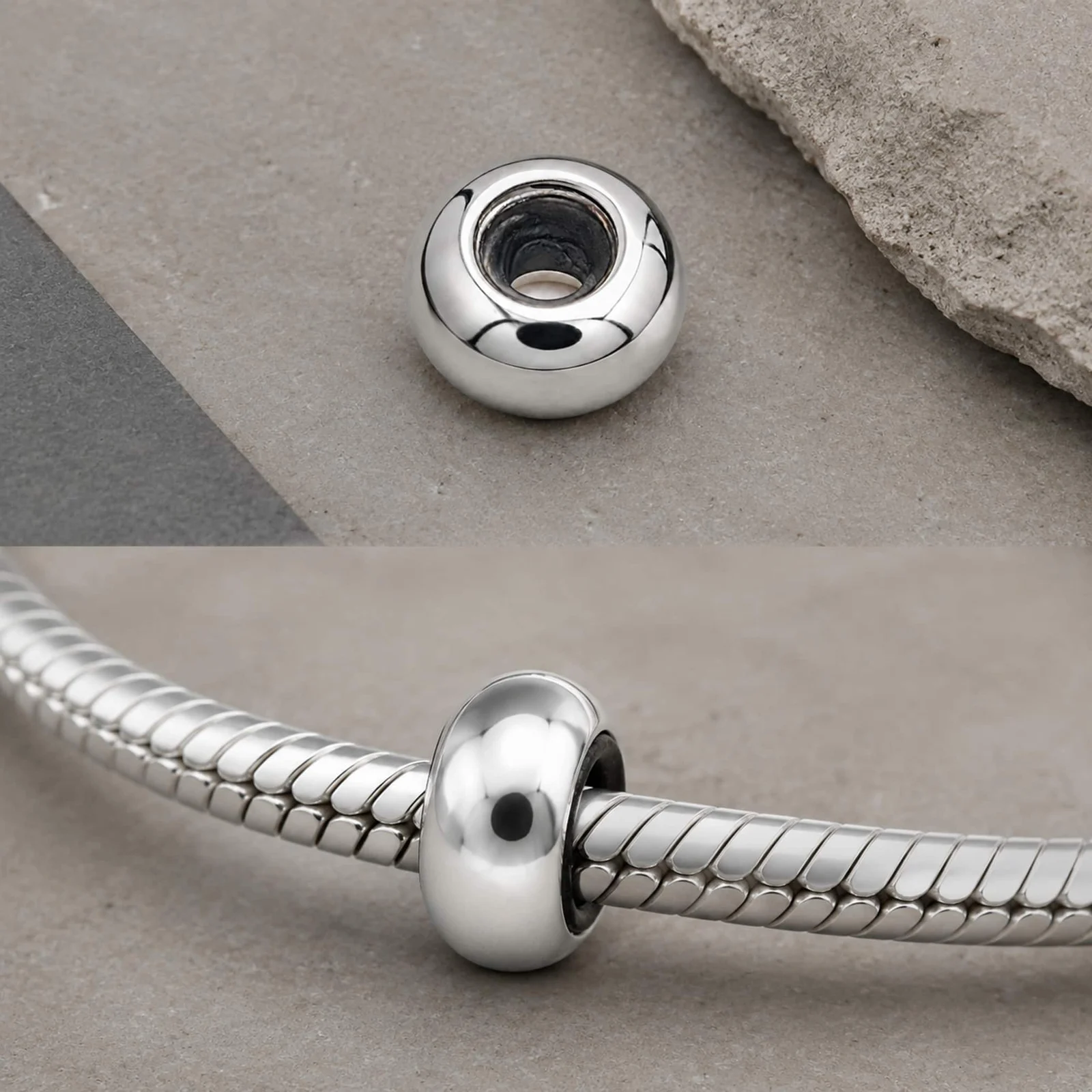 BOLA PLANO 6MM ACERO PLATEADO CON GOMA PARA FIJAR CHARM EN CADENA DE SERPIENTE
