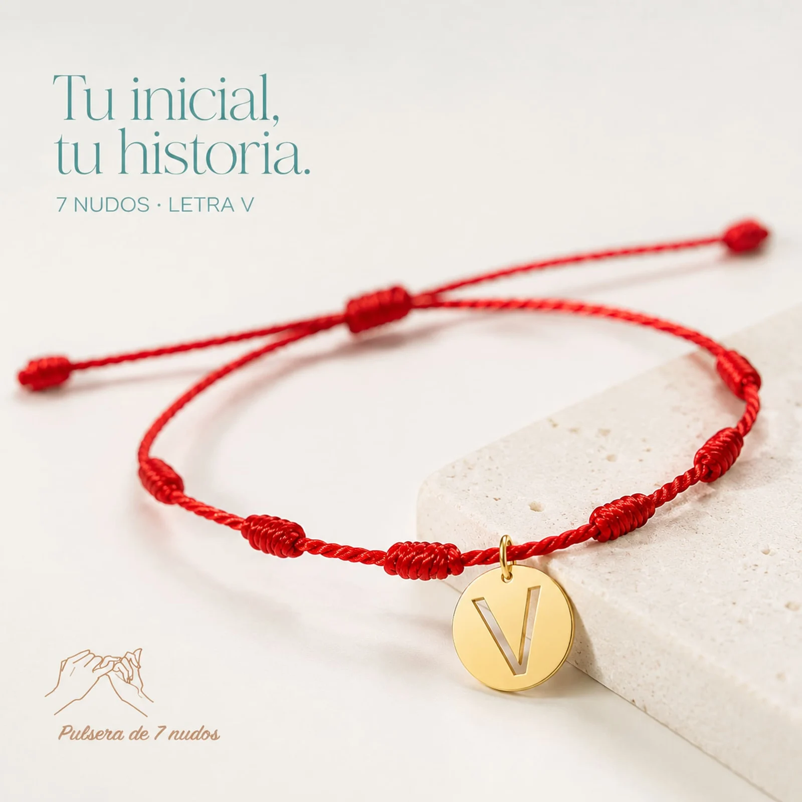 PULSERA 7 NUDOS CON LETRA V COLOR DORADO